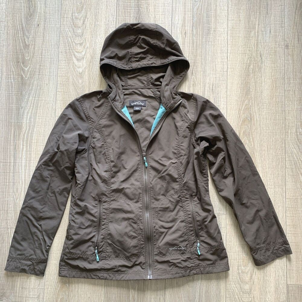 Eddie Bauer Lightweight Hooded Windbreaker Jacket Full Zip Brown Nylon Womens M